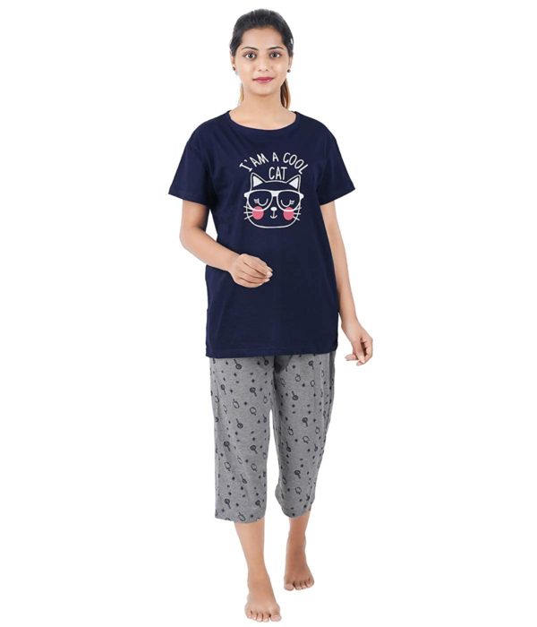 Buy That Trendz Women's Cotton Printed Top and All Over Print Capri Pyjama Set/Pajama Night Suit Set/Sleep wear Set/Loungewear Set