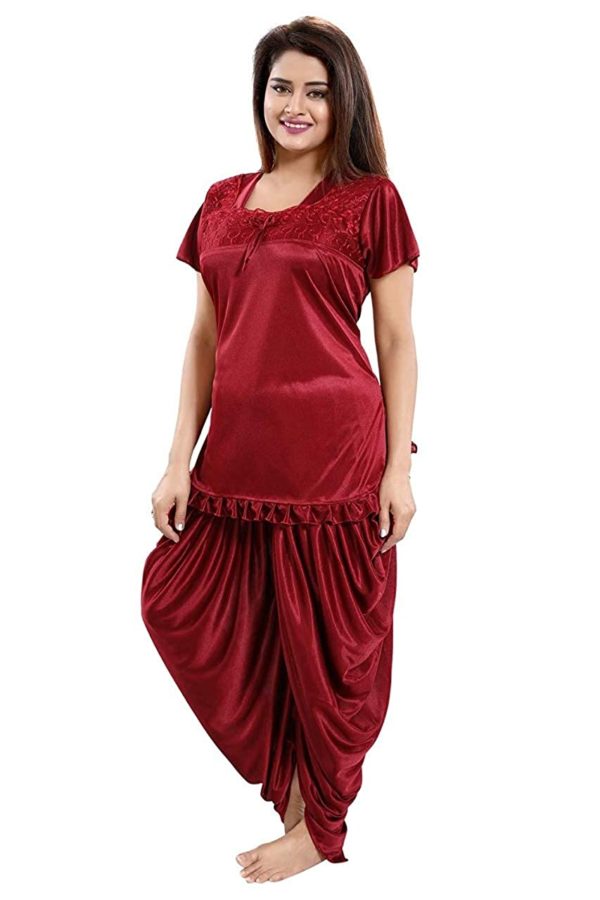 Women's Maroon Patiala Top and Pyjama Set Ladies Night Wear Suit Silk Satin Night Suit Nightdress for Women and Girls