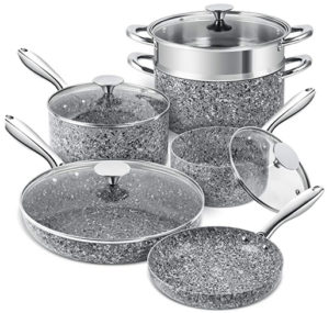 Batterie de cuisine en pierre MICHELANGELO 10 pièces, ensemble de casseroles et poêles ultra-antiadhésives avec revêtement dérivé de la pierre, ensembles de batterie de cuisine, ensemble de casseroles et poêles en pierre, casseroles et poêles en granit - 10 pièces