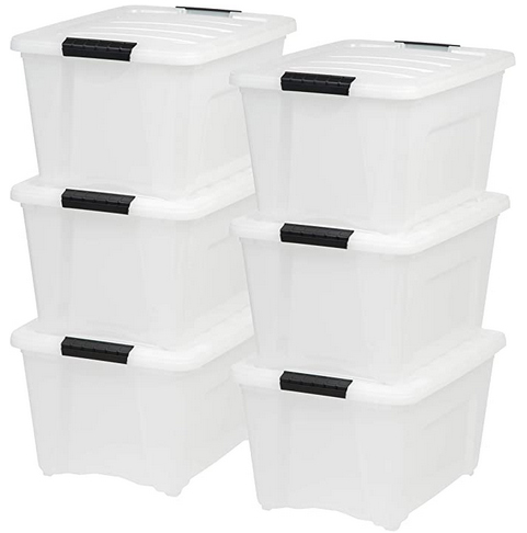 IRIS USA TB Pearl Plastic Storage Bin Tote Organizing Container with Durable Lid and Secure Latching Buckles, 32 Qt, 6 Pack