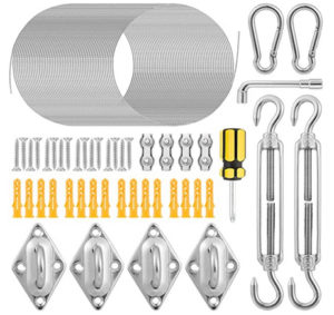 47pcs Triangle & Rectangle Shade Sail Hardware Kit- 6 Inches 304 Marine Stainless Steel Sun Shade Sail Installation Hardware Kit with 50ft Wire Rope for Sun Shade Sail in Outdoor Patio Lawn Garden