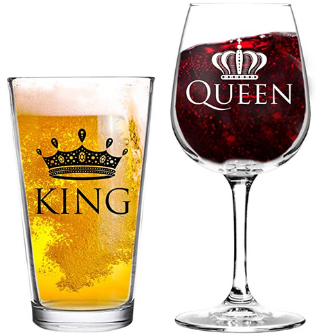 طقم هدايا كينج آند كوين من أكواب البيرة والنبيذ من قطعتين