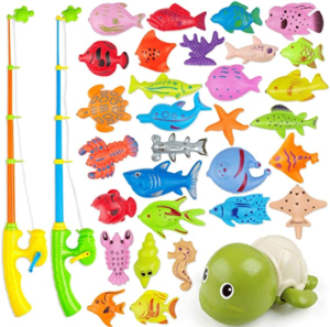 AUUGUU Magnetic Fishing Game Water Toy - 2 Fishing Poles, 1 Wind Up Swimming Turtle and 30 Colorful Magnetic Fish