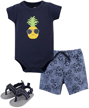 Hudson Baby Unisex Baby Cotton Bodysuit, Shorts and Shoe Set