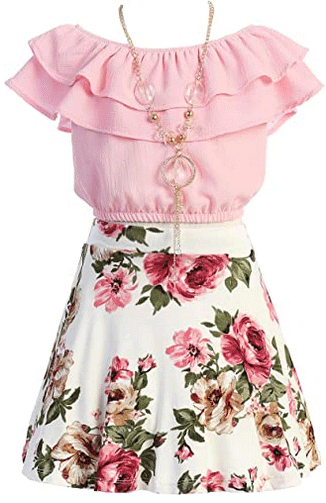 Cold Shoulder Crop Top Ruffle Layered Top Flower Girl Skirt Sets for Girl