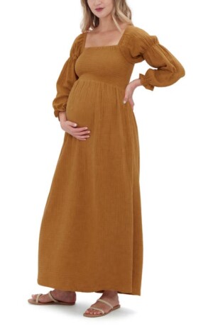 Smocked Long Sleeve Maternity Maxi Dress