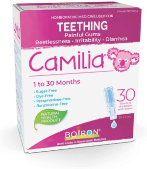 Boiron Camilia Baby Teething Relief Medicine, 30 unit-doses (1 ml each). Camilia relieves pain, restlessness, irritability, and diarrhea due to teething. Benzocaine-Free and Preservative-Free with Natural Active Ingredient, No Sugar, No Dye