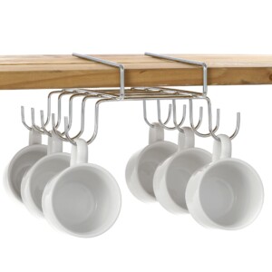 10 Hook Under-the-Shelf Mug Rack, Metal Coffee Cup Storage Holder & Drying Rack, Silver