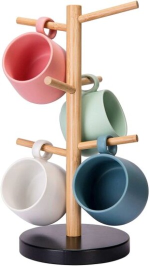 Buruis Wood Mug Holder, Marble Base Cup Rack Tree, Mug Stand Hanger, Kitchen Coffee Mug Tree Countertop Tea Cups Holder Stand, Coffee Cup Dryer with 6 Hooks
