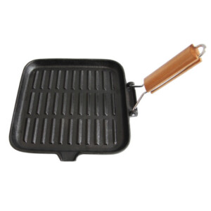Cast Iron Preseasoned Griddle Grill Pan with Folding Wood Handle