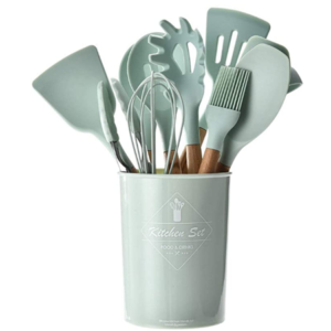 Cribun Silicone Cooking Utensil Kitchen Utensils Set, 11 Pieces Silicone Kitchen Utensil Wooden Handles, Kitchen Spatula Sets with Holder