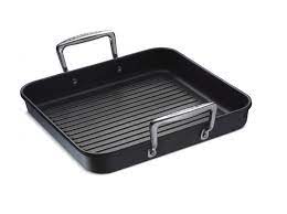 LE CREUSET TOUGHENED NON-STICK SQUARE GRILL PAN 28 W/ 2 HELPER HANDLES