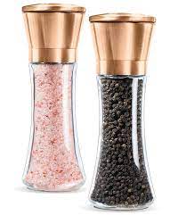 Premium Salt and Pepper Grinder Set of 2- Brushed Pepper Mill and Salt Mill, 6 Oz Glass Tall Body, 5 Grade Adjustable Ceramic Rotor- Salt and Pepper Shakers By Levav (Copper)