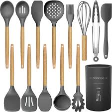 14 Pcs Silicone Cooking Utensils Kitchen Utensil Set - 446°F Heat Resistant,Turner Tongs,Spatula,Spoon,Brush,Whisk. Wooden Handles Gray Kitchen Gadgets Tools Set for Nonstick Cookware