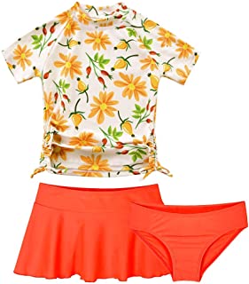 Cadocado Girls Chic 3 Pieces Rash Guard Swimwear UPF 50+ Floral Short Sleeve Swim Set