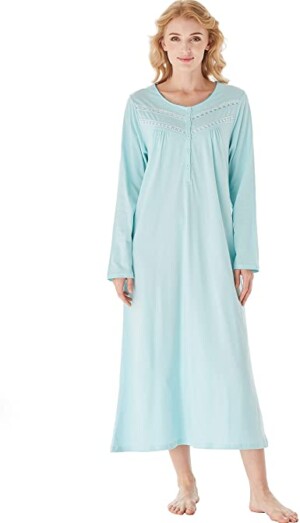 Keyocean Women Nightgowns, Soft 100% Cotton Warm Comfortable Long-sleeve Nightdress Gown for Fall Winter