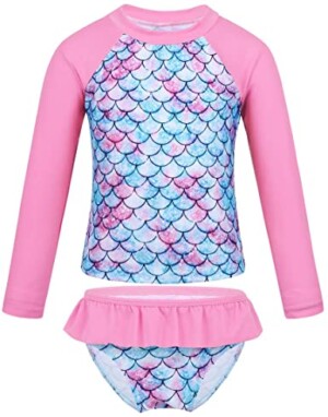 JEATHA Kids Girls Tankini Long Sleeves Swimwear Glitter Fish Scales Printed Swimsuit with Ruffled Bottoms Set