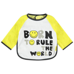 Apron-shaped bib with printed message and Smiley - Prémaman
